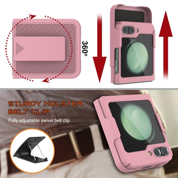 Galaxy Z Flip5 Case With Tempered Glass Screen Protector, Holster Belt Clip & Built-In Kickstand [Pink] For Cheap - Image 3